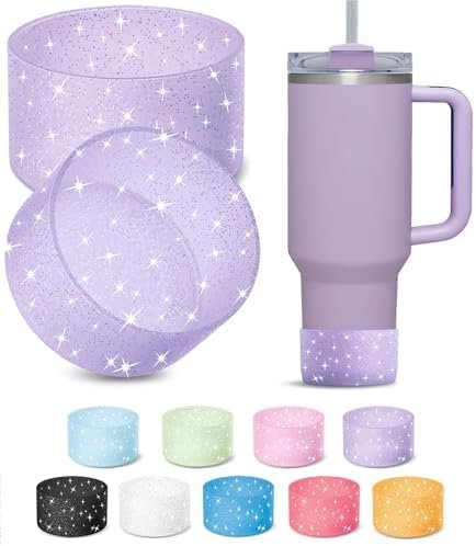 KTKUDY 2 PCS Glitter Silicone Boot Compatible with Stanley Tumbler 20 30 40 oz & Fits Hydro Flask Water Bottle 12-24oz & Fits Yeti, Simple Modern, Owala Cup - Bling Cup Bottom Protector Accessories