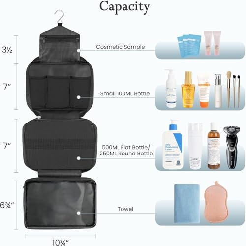 Maliton Toiletry Bag for Men & Women | Large for Traveling | Hanging Compact Hygiene Bag with 4 Compartments | Waterproof Bathroom Shower Bag (Black) - Image 2