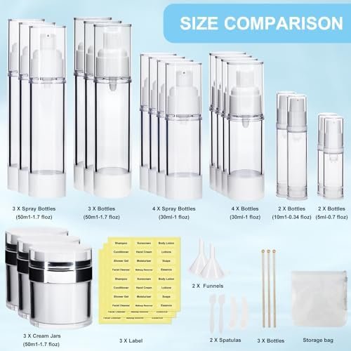 34 Pack Airless Pump Jars Set, 1.7/1/0.7/0.34oz Refillable Travel Size Containers, Leak-Proof Toiletry Bottles for Skincare and Creams, Lotion, Eye Cream, Liquid, Foundation, Shampoo - Image 2