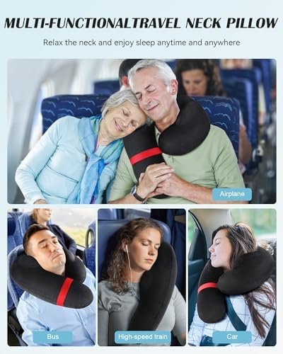 Travel Neck Pillow for Airplane, Travel Pillow Support Head and Neck, Comfortable & Washable Cover, Inflatable Neck Pillow for Traveling,Car,Office,Home (Black) - Image 5