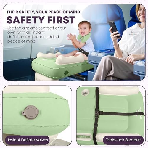 Toddler Airplane Bed - Inflatable Kids Air Plane Bed w/Child Neck Cushion, Safety Belt, Carry Bag, Fast-Pump, Cup Holder & Storage Pocket - for Toddlers Flight Sleep (Sage Green) - Image 5