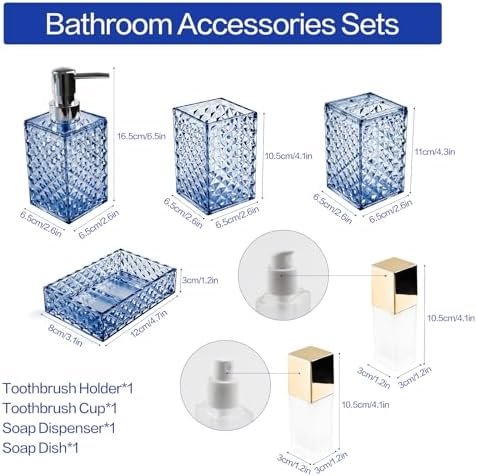 Geila 6-Piece Bathroom Accessories Set – Toothbrush Holder, Lotion & Soap Dispensers, Travel Bottles, Soap Box, Tumbler – Boho Bathroom Vanity Organizer (Blue) - Image 3