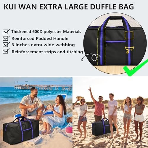 150L Large Duffle Bag, 37” Foldable Weekender Bag, Lightweight Travel Bag for Overnight Camping, Storage, Water Resistant Duffel Holdall Bag for Men Women, Blue - Image 4