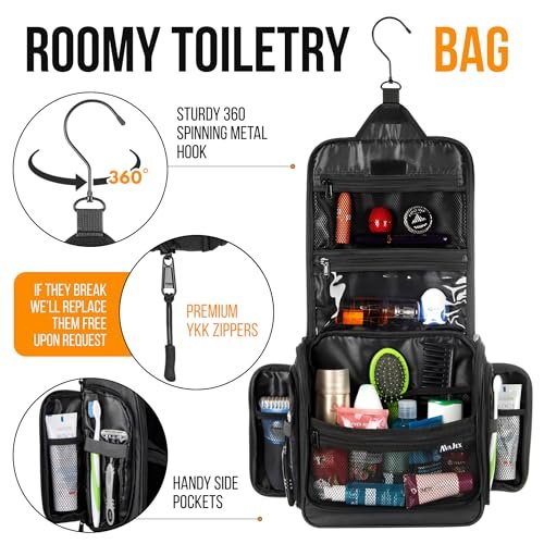 Travel Toiletry Bag for Men and Women - Large Hanging Toiletry Organizer - Waterproof Hygiene Bag with Metal XXL Swivel Hook, with YKK Zippers and 19 Compartments for Toiletries, Makeup, Cosmetics - Image 5