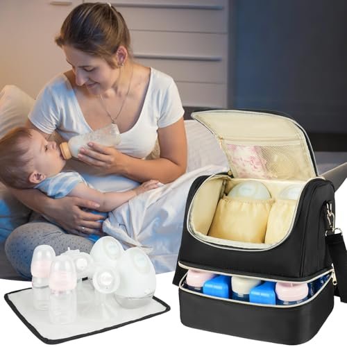 Wearable Breast Pump Bag with Cooler Compartment Fits for Willow/Elvie/Momcozy M5/S12 Pro/Medela, Breast Milk Travel Tote Bag with Ice Pack & Waterproof Mat,Black - Image 7