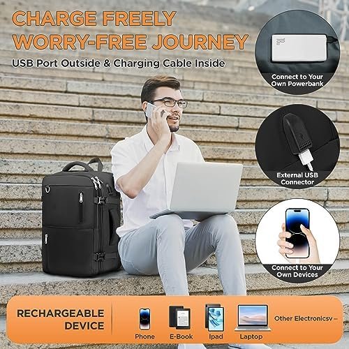 Travel Backpack for Women Men, Large Hand Luggage Backpack, Expandable Hand Luggage Bag, 17'' Laptop Backpack, Backpack for Outdoor Hiking Business Trip, Black - Image 4