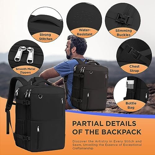 Travel Backpack for Women Men, Large Hand Luggage Backpack, Expandable Hand Luggage Bag, 17'' Laptop Backpack, Backpack for Outdoor Hiking Business Trip, Black - Image 6