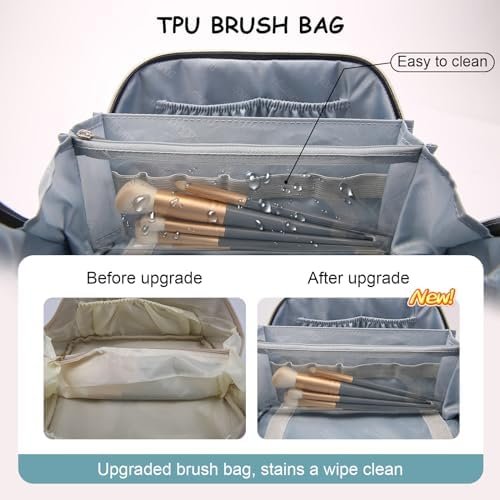 Travel Makeup Bags Cosmetic Organizer Bag: 3-Set Large Capacity Make up Bag - PU Leather Toiletry Bag for Women - Wide Open Portable Pouch with Divider & Handle (01-Light Blue) - Image 3