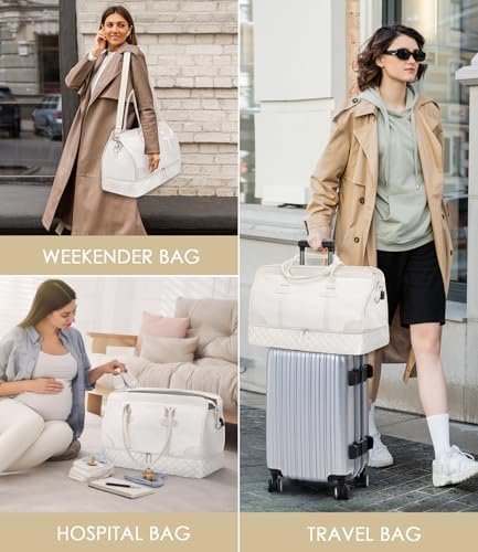 ETRONIK Weekender Overnight Bags for Women, Large Travel Duffle Bags with Shoe Compartment & Wet Pocket, Carry On Tote Bag Gym Duffel Bag with Toiletry Bags for Hospital 3 Pcs Set, Large Size, Beige - Image 6