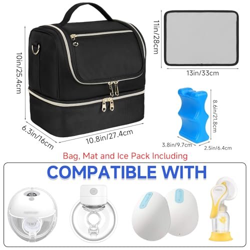 Wearable Breast Pump Bag with Cooler Compartment Fits for Willow/Elvie/Momcozy M5/S12 Pro/Medela, Breast Milk Travel Tote Bag with Ice Pack & Waterproof Mat,Black - Image 2