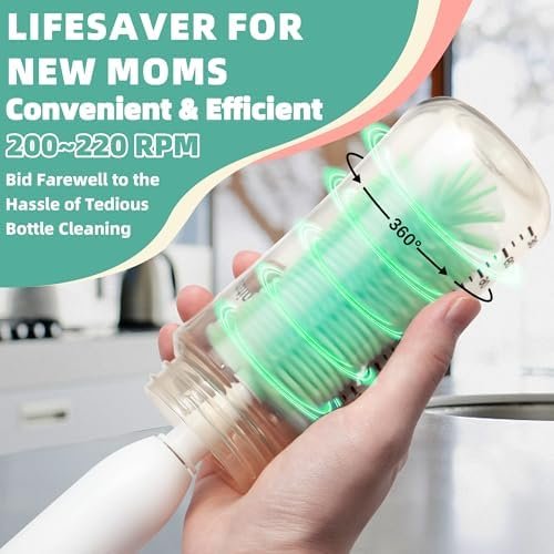 Electric Bottle Brush Cleaner, Rechargable Electric Baby Bottle Brush for Travel, Waterproof Electric Bottle Cleaner Set with Nipple & Straw Brush, Perfect Essentials Gift for Mom After Birth, Green - Image 2