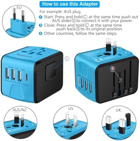 Travel Adapter Worldwide, Universal International Power Plug Adapter W/2.4A 3xUSB-A and 3.0A Type-C Wall Charger, European Travel Plug Adapter for Europe UK EU US CA AU Italy Asia-Blue - Image 5