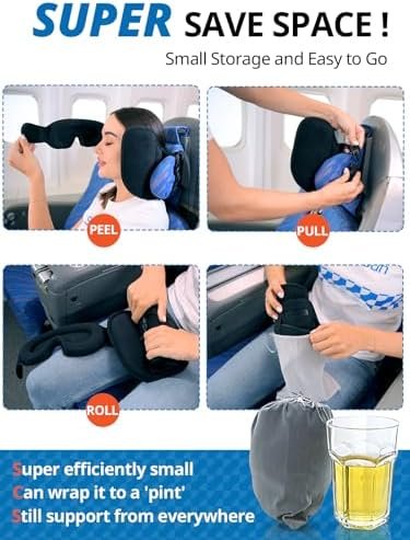 Travel Pillow, Upgrade Airplane Pillow for Long Flight, 360° Support Headrest, Comfortable Travel Neck Pillow Eye Masks for Sleep, Compact Airplane Travel Essentials, Stop Bobblehead, Black - Image 8