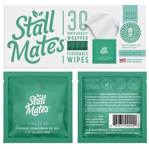 Stall Mates Wipes - Flushable Wipes | Individually Wrapped | Travel Friendly | Unscented with Vitamin-E & Aloe | (30 on-the-go singles)