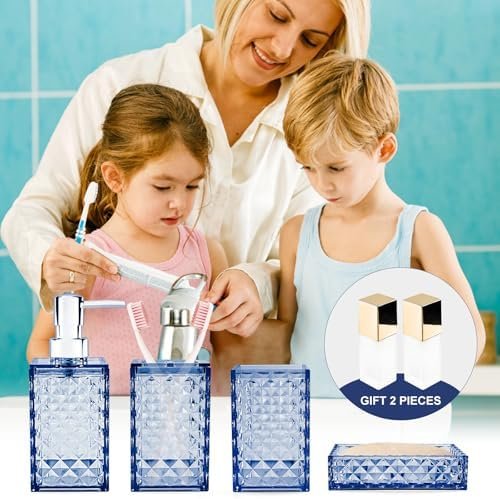 Geila 6-Piece Bathroom Accessories Set – Toothbrush Holder, Lotion & Soap Dispensers, Travel Bottles, Soap Box, Tumbler – Boho Bathroom Vanity Organizer (Blue) - Image 2