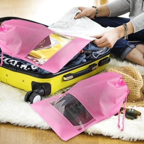 12 Pack Shoe Bags for Travel, Large Travel Shoe Bags for Packing with Clear Window, Dustproof Drawstring Travel Shoe Storage Bags Travel Essentials for Men & Women, Pink - Image 7