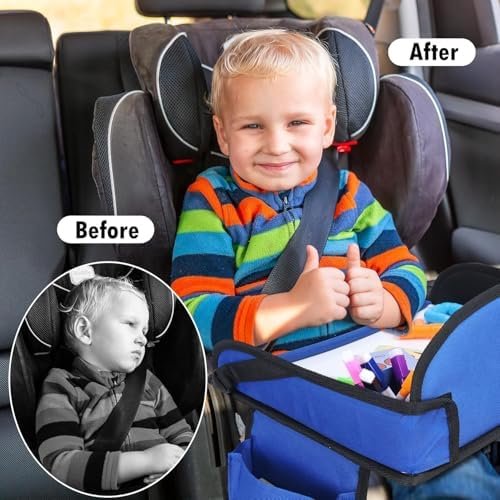 Kids Travel Tray, Kid Travel Tray, Travel Tray for Kids Car Seat, Car Tray for Kids with Drawing Kit, Carseat Tray for Toddler, Kids Road Trip Essentials for Airplane, Blue - Image 2