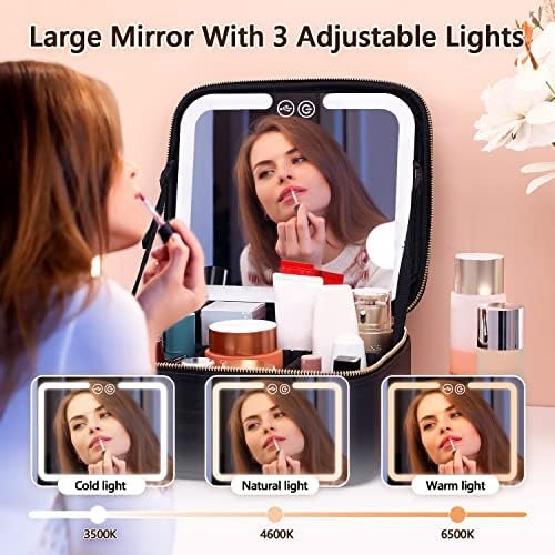 VANMRIOR Travel Makeup Bag with LED Lighted Make up Case with Mirror 3 Color Setting Cosmetic Makeup Box Organizer Vanity Case for Women Beauty Tools Accessories Case Rechargeable - Image 4