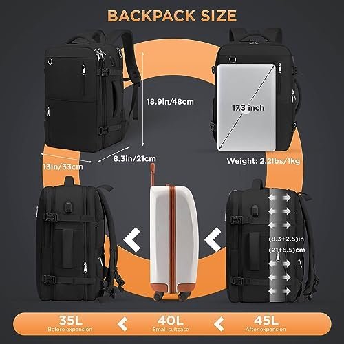 Travel Backpack for Women Men, Large Hand Luggage Backpack, Expandable Hand Luggage Bag, 17'' Laptop Backpack, Backpack for Outdoor Hiking Business Trip, Black - Image 2