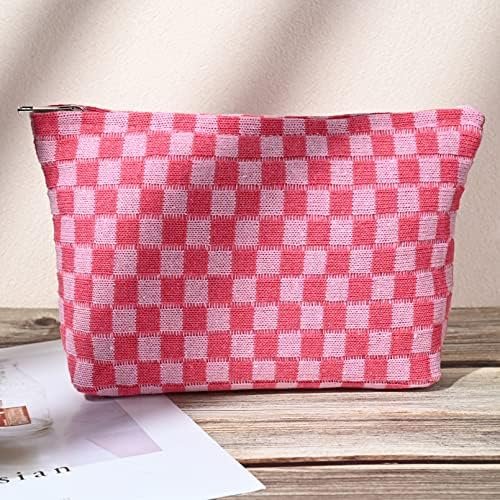 SOIDRAM 2 Pieces Makeup Bag Large Checkered Cosmetic Bag Capacity Canvas Mix Travel Toiletry Bag Organizer Cute Makeup Brushes Aesthetic Accessories Storage Bag for Women, Checkered Mix Rose Red - Image 6