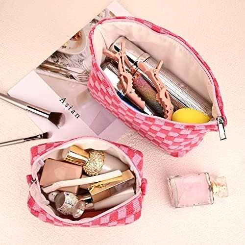 SOIDRAM 2 Pieces Makeup Bag Large Checkered Cosmetic Bag Capacity Canvas Mix Travel Toiletry Bag Organizer Cute Makeup Brushes Aesthetic Accessories Storage Bag for Women, Checkered Mix Rose Red - Image 4