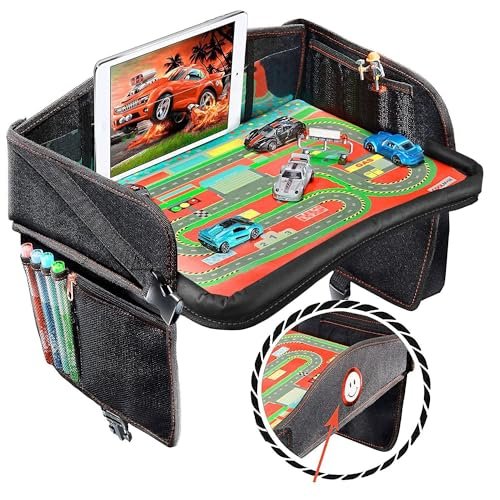 Kids Travel Tray, Toddler Car Seat Tray, Double Sided Activity Organizer, Snack Lap Tray, Baby Stroller Tray, Airplane Play Table, Waterproof and Foldable (Premium Black)