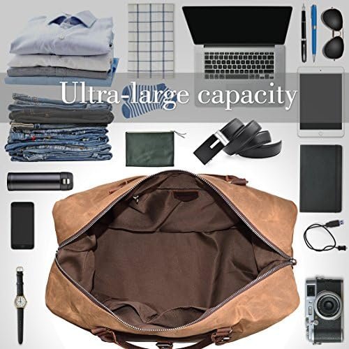 Oversized Travel Duffel Bag Waterproof Canvas Genuine Leather Weekend bag Weekender Overnight Carryon Hand Bag Brown - Image 2