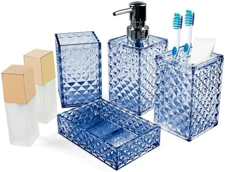 Geila 6-Piece Bathroom Accessories Set – Toothbrush Holder, Lotion & Soap Dispensers, Travel Bottles, Soap Box, Tumbler – Boho Bathroom Vanity Organizer (Blue)