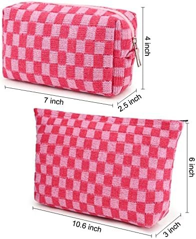 SOIDRAM 2 Pieces Makeup Bag Large Checkered Cosmetic Bag Capacity Canvas Mix Travel Toiletry Bag Organizer Cute Makeup Brushes Aesthetic Accessories Storage Bag for Women, Checkered Mix Rose Red - Image 3