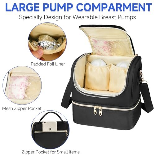 Wearable Breast Pump Bag with Cooler Compartment Fits for Willow/Elvie/Momcozy M5/S12 Pro/Medela, Breast Milk Travel Tote Bag with Ice Pack & Waterproof Mat,Black - Image 4