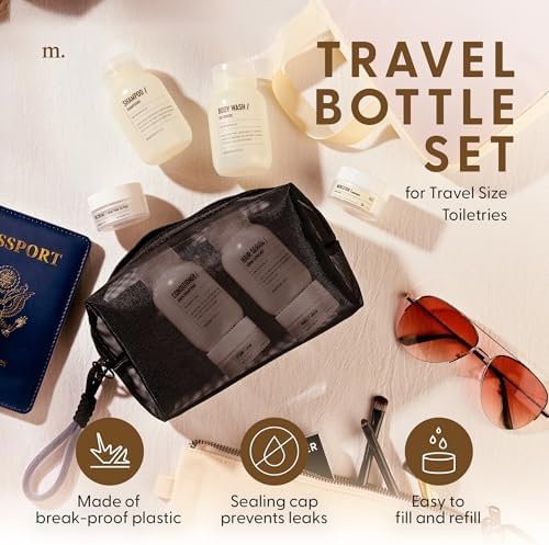 MAISONOVO Travel Bottles for Toiletries, TSA Approved, Leak Proof Refillable, Travel Size Containers and Bottles with Water Proof Mesh Toiletry Bag, Clear/White Bottle, Clear/White Jar - Image 2