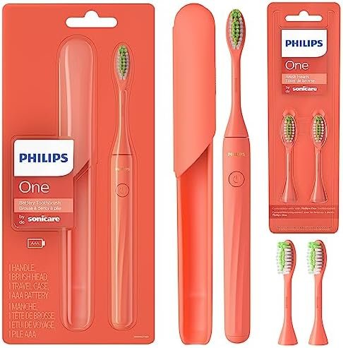 Philips One by Sonicare Battery Toothbrush, Brush Head Bundle, Miami Coral, BD1001/AZ