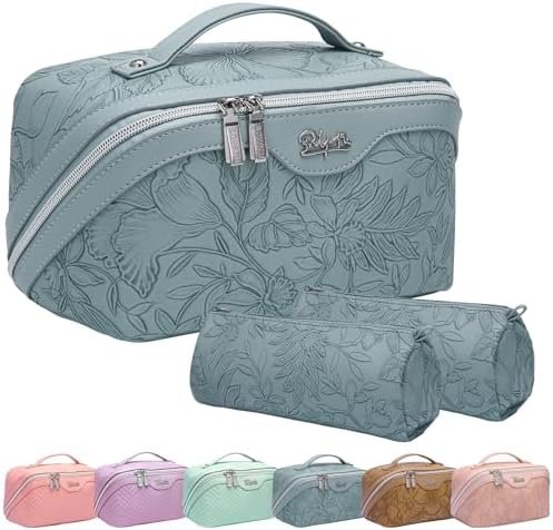 Travel Makeup Bags Cosmetic Organizer Bag: 3-Set Large Capacity Make up Bag - PU Leather Toiletry Bag for Women - Wide Open Portable Pouch with Divider & Handle (01-Light Blue)