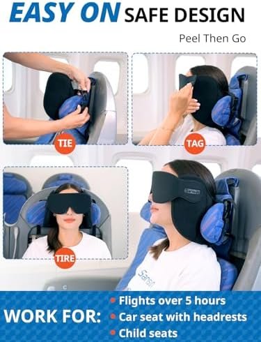 Travel Pillow, Upgrade Airplane Pillow for Long Flight, 360° Support Headrest, Comfortable Travel Neck Pillow Eye Masks for Sleep, Compact Airplane Travel Essentials, Stop Bobblehead, Black - Image 7