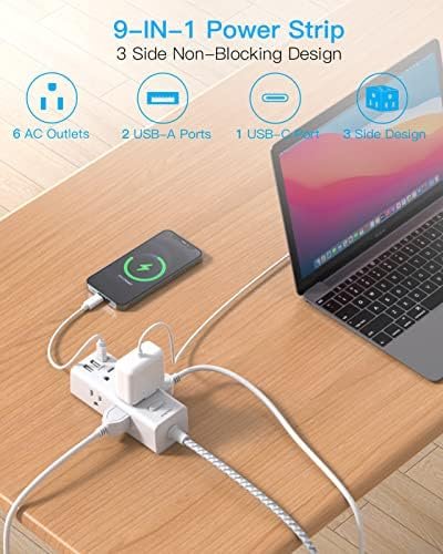 Power Strip Surge Protector - 6 Widely Outlets with 3 USB Ports (1 USB C), 3-Side Outlet Extender Strip, 5 Ft Extension Cord Flat Plug, Wall Mount Small Power Strip for Travel Home Office College Dorm - Image 2