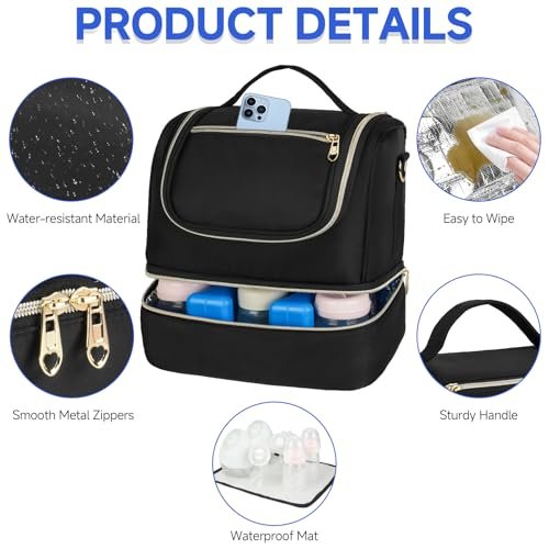 Wearable Breast Pump Bag with Cooler Compartment Fits for Willow/Elvie/Momcozy M5/S12 Pro/Medela, Breast Milk Travel Tote Bag with Ice Pack & Waterproof Mat,Black - Image 5