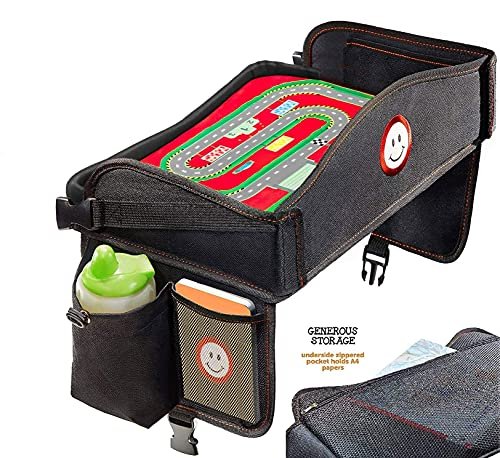 Kids Travel Tray, Toddler Car Seat Tray, Double Sided Activity Organizer, Snack Lap Tray, Baby Stroller Tray, Airplane Play Table, Waterproof and Foldable (Premium Black) - Image 2