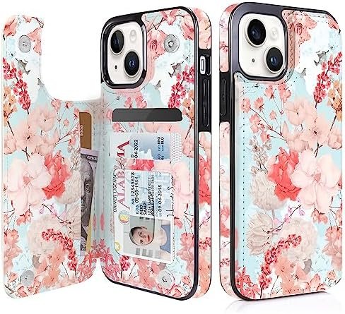 uCOLOR Flip Leather Wallet Case Card Holder Compatible with iPhone 13 6.1 iPhone 14 6.1 Women and Girls with Card Holder Kickstand (Light Blue Floral)