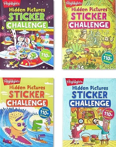 Highlights Hidden Pictures Sticker Challenge Books for Kids Ages 6 and Up, 4-Pack, 64 Pages of Seek and Find Activities, Double as Coloring Books, 440+ Stickers