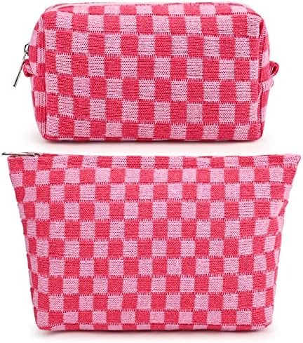 SOIDRAM 2 Pieces Makeup Bag Large Checkered Cosmetic Bag Capacity Canvas Mix Travel Toiletry Bag Organizer Cute Makeup Brushes Aesthetic Accessories Storage Bag for Women, Checkered Mix Rose Red